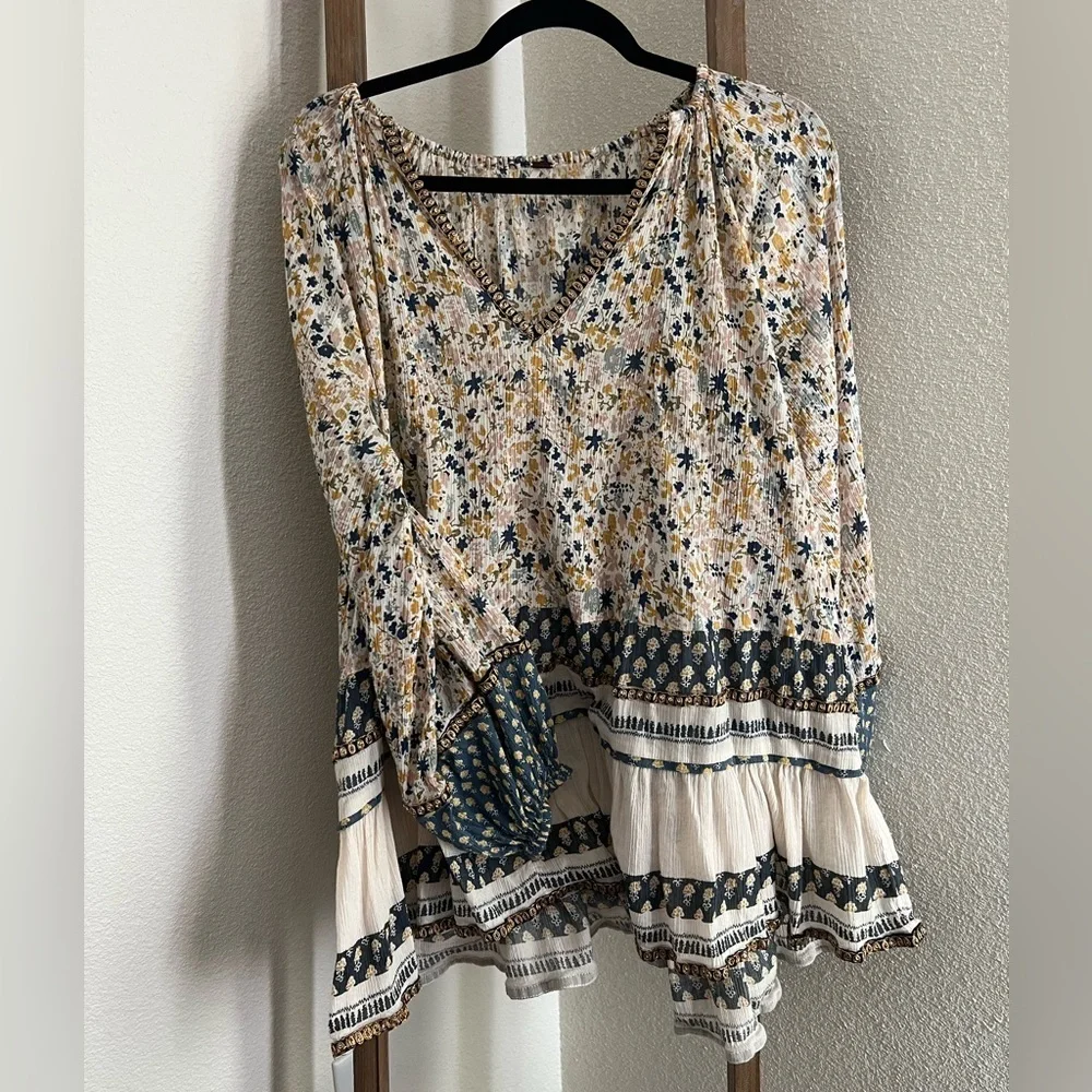 Free People Gardenia Ivory Combo Floral Tunic Top Mini Dress - S